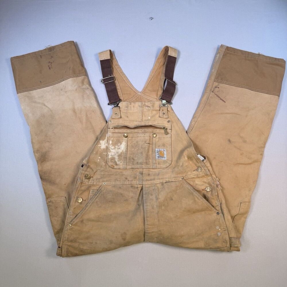 Carhartt R41 BRN Canvas Bib Overalls Men Size 36x30 Double Knee Quilt Lined 2018